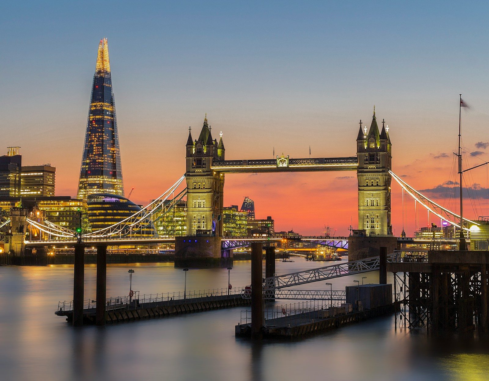 Tower Bridge at sunset, with the Shard in the background